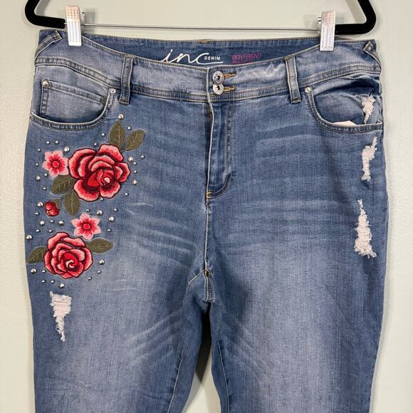 INC Denim Jeans 12 Boyfriend Regular Fit Floral Embroidered Distressed Blue - Picture 3 of 9